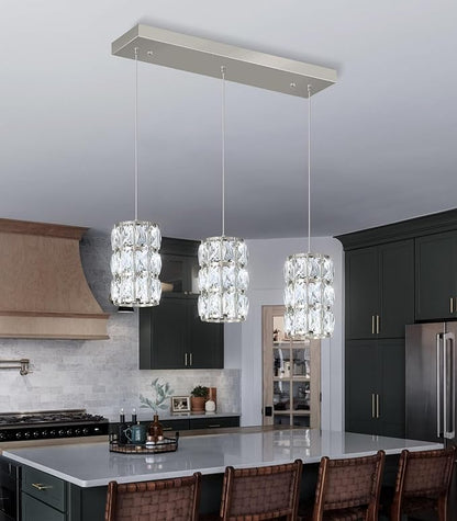 3-Lights Rectangle Modern Crystal Pendant Lights for Kitchen Island LED Dimmable Glam Pendant Lighting Chandelier for Dining Room Hallway Corner Lamp Nickel