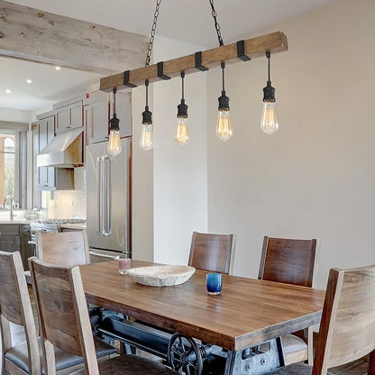 LOG BARN Kitchen Light Fixtures, Farmhouse Chandelier for Kitchen Island in Rustic Faux Wood with Black Wires, 5-Light Pendant Lighting for Dining Room