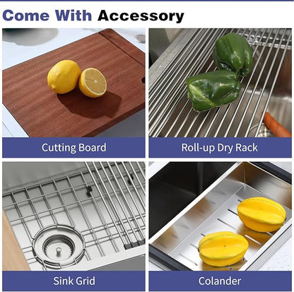 Kitchen Sink Workstation,32"x19" Stainless Steel Undermount Single Bowl Sink Built-in Ledge Drop In Workstation Sink Design For Placing/Sliding Accessories-Cutting Board,Drying Rack,Colander