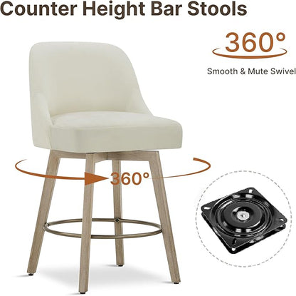 Counter Height Bar Stools Set of 2, Modern Swivel Barstools with Back and Wood Legs, Fabric Upholstered Bar Chairs, 26" Seat Height Counter Stools for Kitchen Island,Ivory