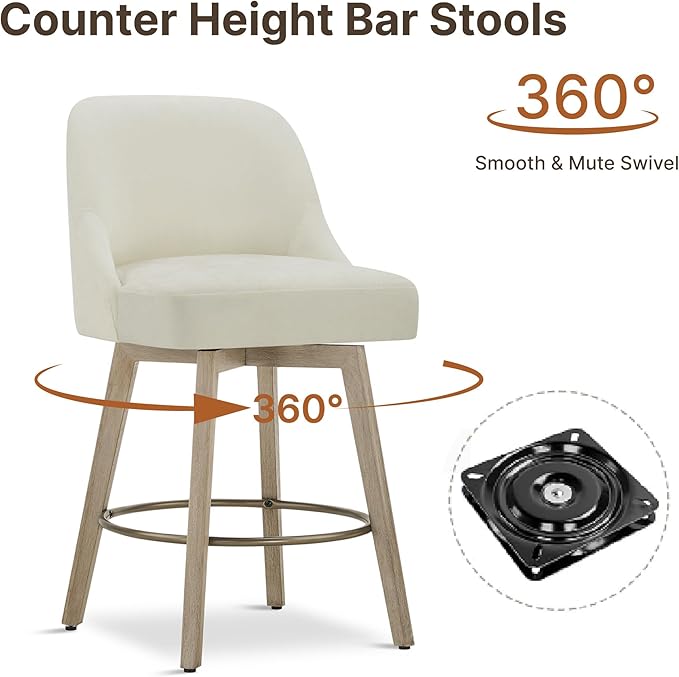 Counter Height Bar Stools Set of 4, Modern Swivel Barstools with Back and Wood Legs, Fabric Upholstered Bar Chairs, 26" Seat Height Counter Stools for Kitchen Island,Ivory