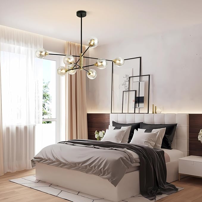 BOKT Black Gold Chandelier Pendant Light Mid Century Modern Sputnik Chandelier Light Fixture Globe Flush Mount Ceiling Light Amber Glass Ball Chandelier Kitchen Island Lighting