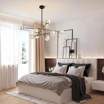 BOKT Black Gold Chandelier Pendant Light Mid Century Modern Sputnik Chandelier Light Fixture Globe Flush Mount Ceiling Light Amber Glass Ball Chandelier Kitchen Island Lighting