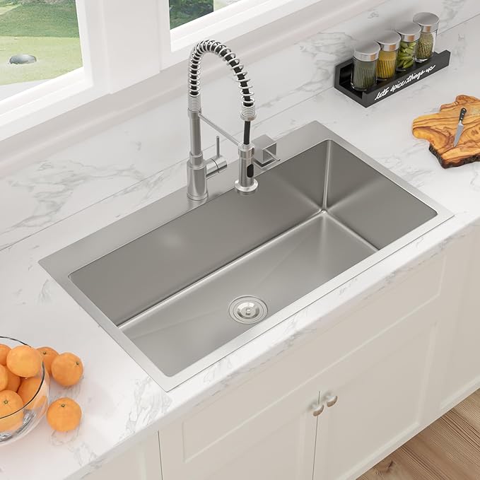 Sarlai 33 Inch Drop In Kitchen Sink - 33x19 Inch Kitchen Sink Drop In Stainless Steel Topmount Sink 16 Gauge Single Bowl Deep Top Mount Kitchen Sinks Basin