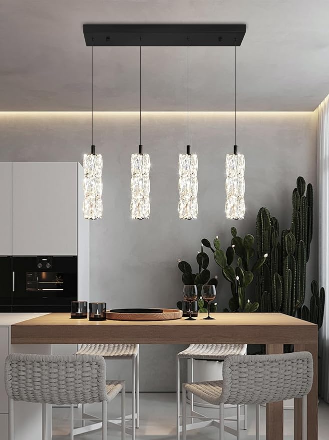 ykolupty Dining Room Light Fixture 4-Light Black Kitchen Island Lighting Industrial Linear Chandeliers for Dining Room Pendant Light Fixture for Living Room Hallway Bedroom 2700K-6000K