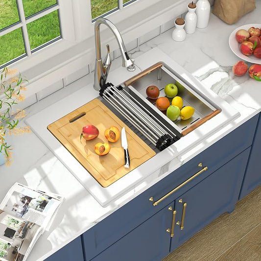 Lordear 30 Granite Composite Kitchen Sink Drop In Workstation 30X22 Inch Quartz White Kitchen Sink Single Bowl Kitchen Sinks with Accessories