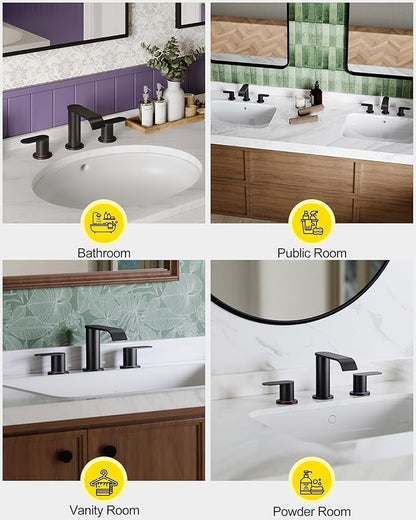 Homevacious Matte Black Waterfall Bathroom Faucet for Sink 3 Hole 8 Inch Widespread Bathroom Sink Faucets with Pop-up Drain Supply Lines Stainless Steel 2-Handle Bathroom Sink Faucet for Bath Vanity