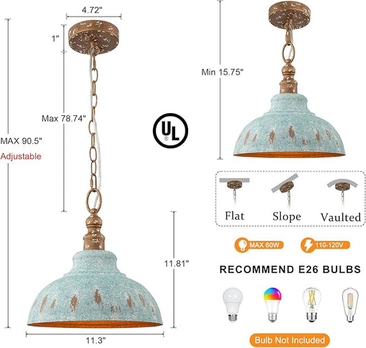 Kitchen Island Pendant Light, 11.3” Golden Pendant Lighting, Teal Farmhouse Pendant Light Fixture for Dining Room, Bar, Hallway, Foyer, Entryway, Bedroom, Adjustable Chain