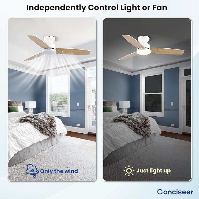 Modern Ceiling Fans with Lights, 42 Inch Ceiling Fan with Light and Remote, Bedroom Living Room Office Outdoor, Flush Mount,18W 3CCT 3 Blades 6 Speed Reversible Quiet DC Motor, White/Wood Grain