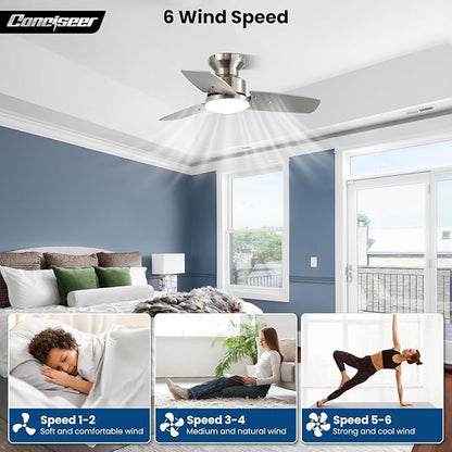 30 Inch Ceiling Fans with Lights and Remote, Bedroom Living Room Office, Flush Mount, 3CCT Dimmable, Dual Color 3 Blades 6 Speed Reversible Quiet DC Motor, Sand-Nickel/Wood Grain, 2 Pack