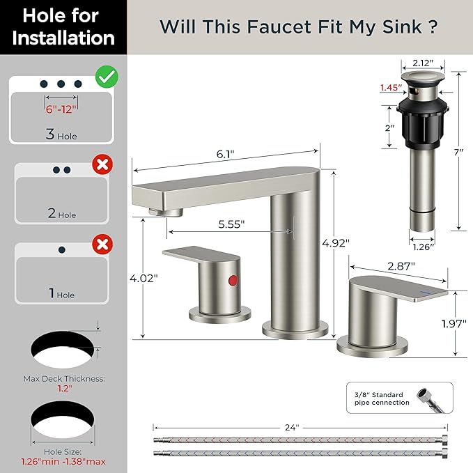 FORIOUS Brushed Nickel Bathroom Faucets 3 Hole, 8 Inch Widespread Bathroom Sink Faucet with Pop-up Drain and Cupc Supply Lines, 2-Handle for Vanity, Hotel Restroom