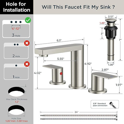 FORIOUS Brushed Nickel Bathroom Faucets 3 Hole, 8 Inch Widespread Bathroom Sink Faucet with Pop-up Drain and Cupc Supply Lines, 2-Handle for Vanity, Hotel Restroom