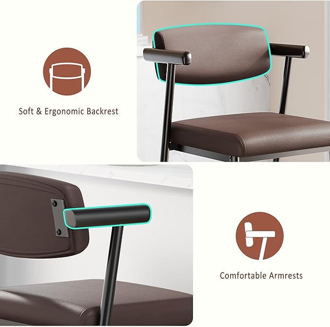 GarveeHome Counter Height Bar Stools of 4 with Armrests, 4 Piece Counter Height Bar Stools Set with Back, Upholstered Seat & Metal Footrest for Kitchen Islands, Counter Bars, Retro Brown