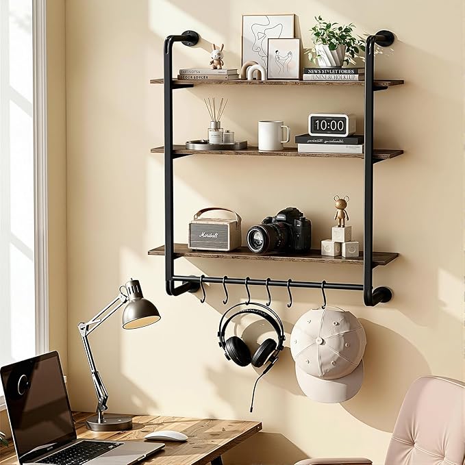 3 Tier Industrial Pipe Floating Shelf, 24" Kitchen Wall Shelves with Towel Bar & 6 Hooks, Coffee Bar Shelves Display Bookshelf Wall Shelf for Kitchen, Bathroom, Home Décor, Rustic Brown