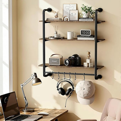 3 Tier Industrial Pipe Floating Shelf, 24" Kitchen Wall Shelves with Towel Bar & 6 Hooks, Coffee Bar Shelves Display Bookshelf Wall Shelf for Kitchen, Bathroom, Home Décor, Rustic Brown
