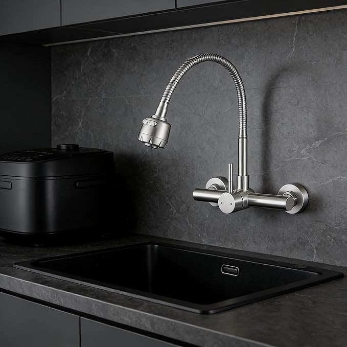 Wall Mount Kitchen Sink Faucet 8 Inch Center with Flexible Sprayer,Stainless Steel Mixer Tap with Dual Function Sprayer,Nickel Brushed Unility Sink Faucet