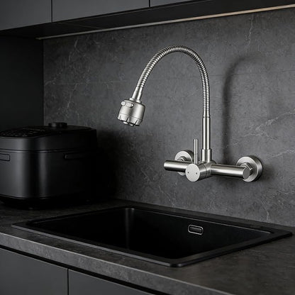 Wall Mount Kitchen Sink Faucet 8 Inch Center with Flexible Sprayer,Stainless Steel Mixer Tap with Dual Function Sprayer,Nickel Brushed Unility Sink Faucet