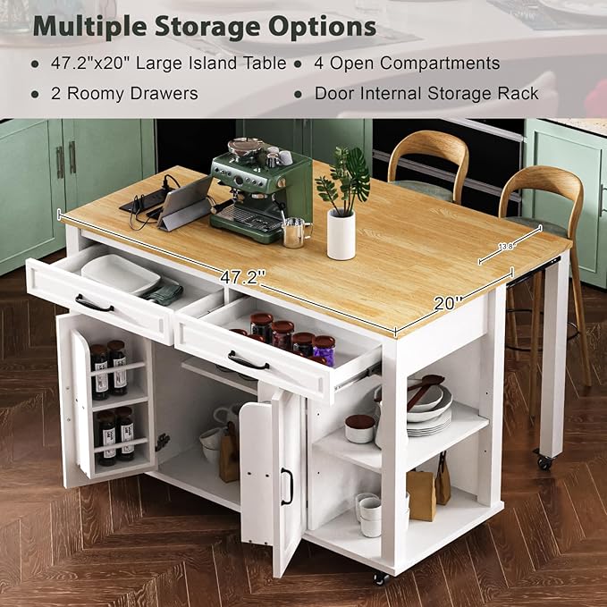 47 Inch Kitchen Island with Extendable Dining Table, Rubber Wood Veneer Kitchen Island with Storage, Power Outlet, White