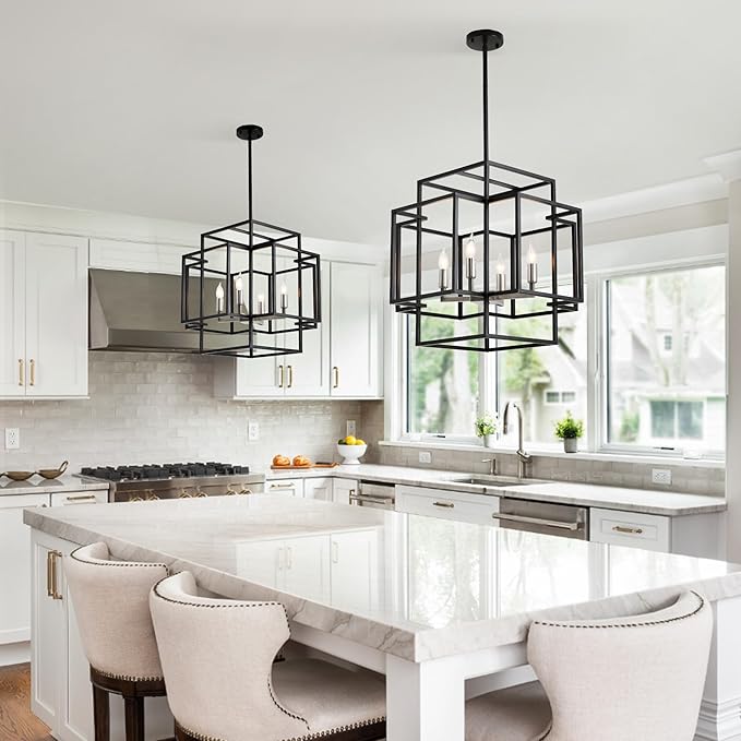 4-Light Metal Lantern Tiered Pendant Hanging Light Fixtures, Industrial Farmhouse Chandeliers for Entryway, Dinning Room Chandelier for Kitchen Island Foyer Hallway, Black & Brushed Nickel