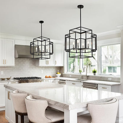 4-Light Metal Lantern Tiered Pendant Hanging Light Fixtures, Industrial Farmhouse Chandeliers for Entryway, Dinning Room Chandelier for Kitchen Island Foyer Hallway, Black & Brushed Nickel
