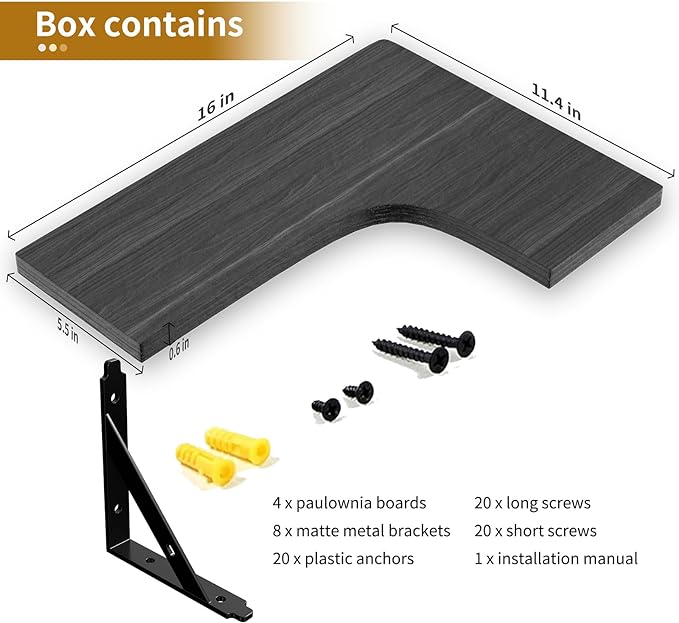 ROMGUAR CRAFT Corner Floating Shelves Wall Mounted Set of 4, Rustic Wood Storage Display Wall Shelves for Home Decor, Bathroom, Kitchen, Bedroom, Living Room, Office (Black)