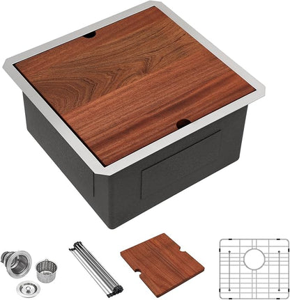 LORDEAR 18 inch Undermount Bar Sink Workstation - 18x19x10 Inch Bar Prep Sink 16 Gauge Stainless Steel Single Bowl Handmade RV Outdoor BBQ Camper Sink with Full Cutting Board