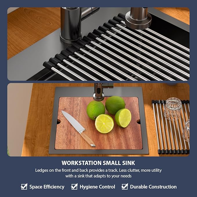 18 Inch Drop In RV Bar Sink - Beslend 18x18 Gunmetal Black Topmount Sink for RV Camper, Black Stainless Steel Wet Bar Workstation with Cutting Board, Roll-up Rack, Drain Assembly & Rinse Grid