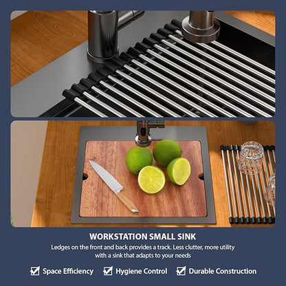 18 Inch Drop In RV Bar Sink - Beslend 18x18 Gunmetal Black Topmount Sink for RV Camper, Black Stainless Steel Wet Bar Workstation with Cutting Board, Roll-up Rack, Drain Assembly & Rinse Grid
