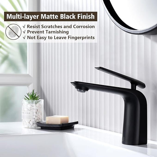 TOCALOCA Black Bathroom Sink Faucet, Matte Black, Modern Design, Single Handle, 1 Hole, Brass, Ceramic Disc Valve, Deck Mount, Aerated Non-Splashing Stream