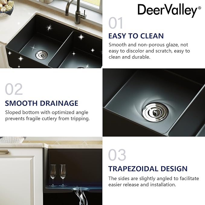 DeerValley Farmhouse Sink Workstation 33 inch, Black Fireclay Apron Front Farm Sinks, Double Bowl Deep Drop-in Undermount Sink with Workstation Accessories