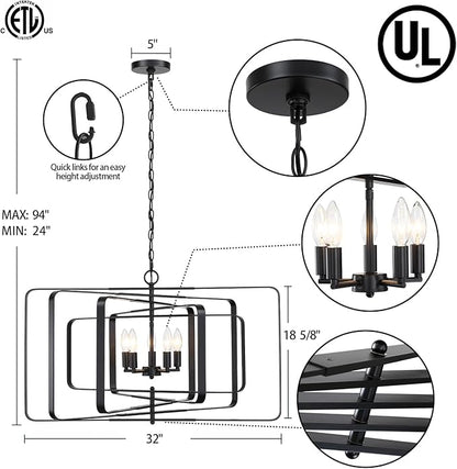 Untrammelife 32" Modern Black Chandelier - 5-Light Adjustable Height Geometric Rectangular Pendant Light Fixture for Dining Room, Living Room, Kitchen Island, Foyer