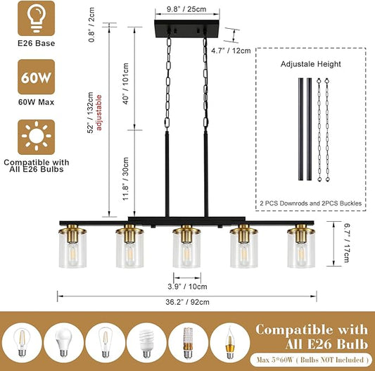 36.2inch 5-Light Kitchen Island Lighting,Dining Room Lights Modern Farmhouse Chandelier with Clear Glass Shade,Modern Rustic Black and Gold Metal Chandelier, Kitchen Pendant Light Fixtures