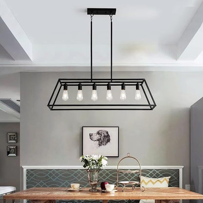 Black Kitchen Island Lighting, 6-Light Farmhouse Chandeliers, Modern Industrial Linear Rectangle Pendant Light Fixtures for Dining Room Kitchen Bar Foyer(Metal, E26 Base)