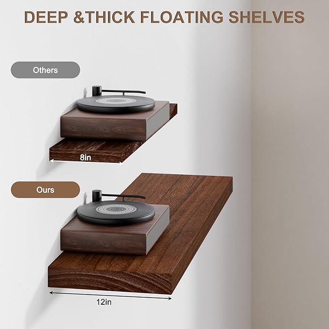 Floating Shelves for Wall, 36x12 Inch Solid Wood Wall Shelves, Extra Long Heavy Duty Wall Mount Shelf for Kitchen & Living Room, Rustic Walnut Floating Shelves, Set of 2