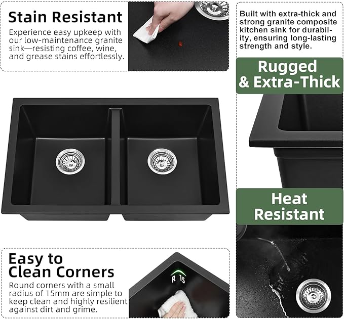 Davivy 30 Inch Black Double Bowl Granite Kitchen Sink 50/50, 30 x 18 Black Undermount Kitchen Sink, Deep Quartz Composite Double Basin with Accessories