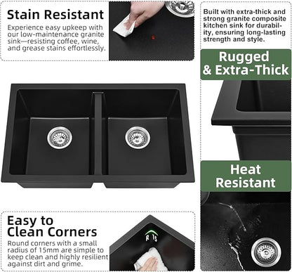 Davivy 30 Inch Black Double Bowl Granite Kitchen Sink 50/50, 30 x 18 Black Undermount Kitchen Sink, Deep Quartz Composite Double Basin with Accessories