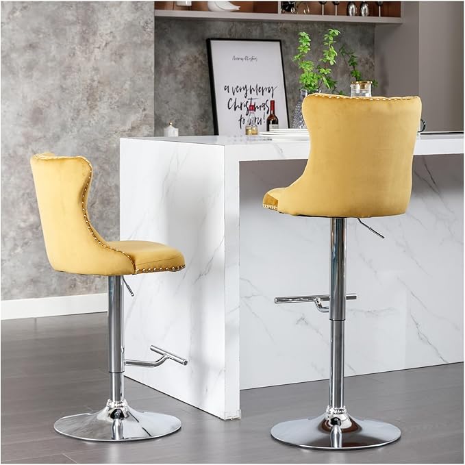Swivel Velvet Barstools Adjusatble Seat Height from 25-33 Inch, Modern Upholstered Chrome Base Bar Stools with Backs Comfortable Tufted for Home Pub and Kitchen Island（Gold,Set of 2）,for Living Room