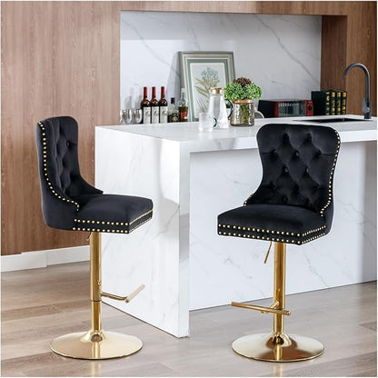 Thick Golden Swivel Velvet Barstools Adjusatble Seat Height from 27-35 Inch, Modern Upholstered Bar Stools with Backs Comfortable Tufted for Home Pub and Kitchen Island