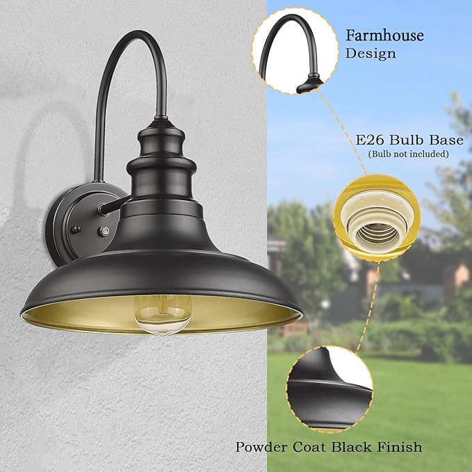 Dusk to Dawn Sensor Outdoor Barn Light Fixture, 12.3 Inch Dome Outdoor Wall Sconce Farmhouse Wall Mount Lights Exterior Light Fixture Black Finish Industrial Wall Lantern for Porch, 2Pack
