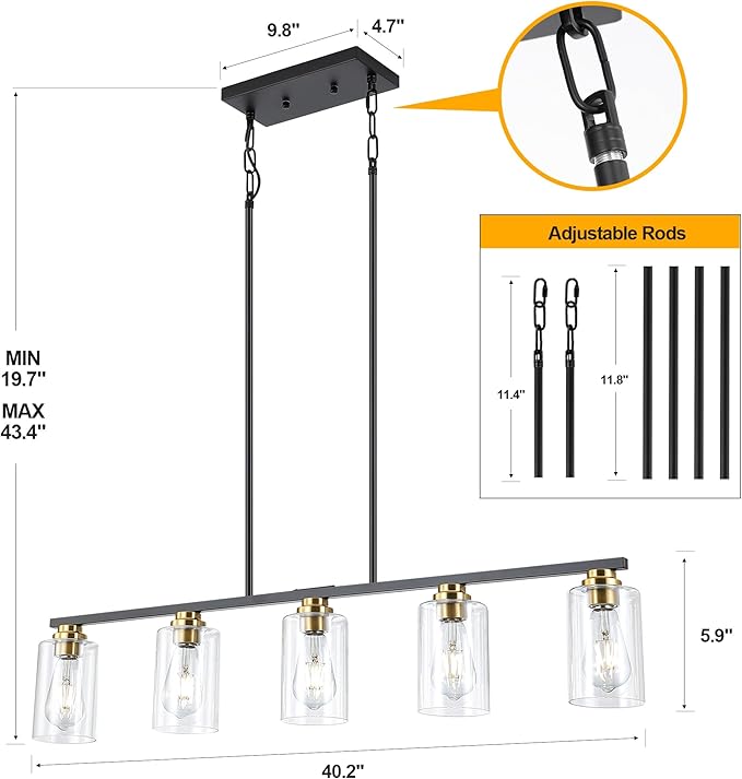 Mecgirn Island Light for Kitchen, Black and Gold Dining Room Light Fixture Over Table, 5-Light Linear Chandelier Pendant Lighting for Dining Table Kitchen Island Living Room