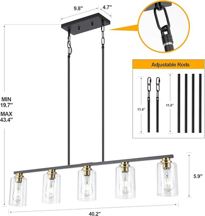 Mecgirn Island Light for Kitchen, Black and Gold Dining Room Light Fixture Over Table, 5-Light Linear Chandelier Pendant Lighting for Dining Table Kitchen Island Living Room