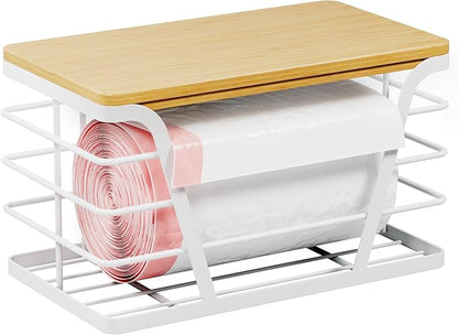 TIDIIABODE Small Grocery Bag Holder, Trash Bag Dispenser with Removable Bamboo Top, No Drill,White