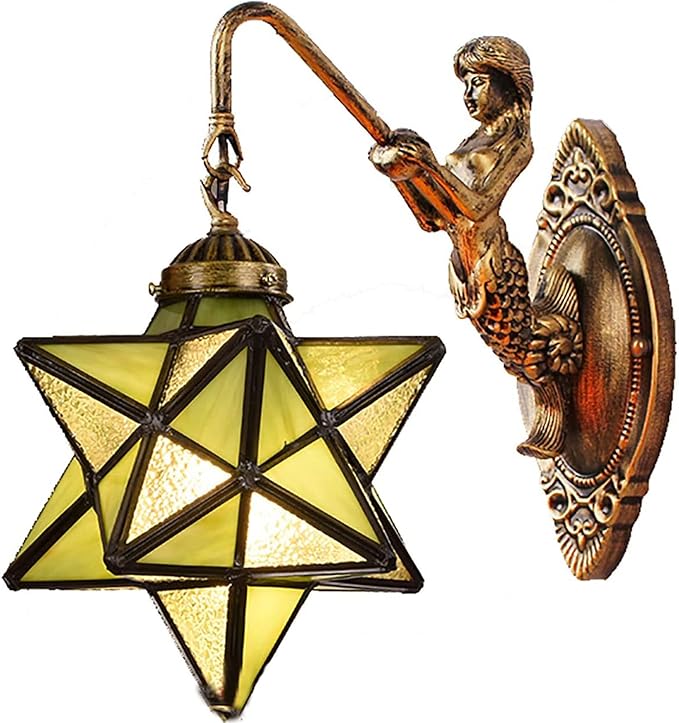 Moravian Star Wall Light with Tiffany Stained Glass Cover, Vintage Rustic Industrial Wall Sconce Retro Wall Mount Lamps Fixture 1-Light,Green