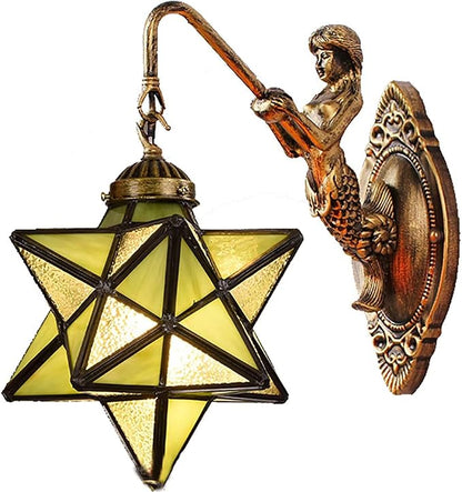 Moravian Star Wall Light with Tiffany Stained Glass Cover, Vintage Rustic Industrial Wall Sconce Retro Wall Mount Lamps Fixture 1-Light,Green