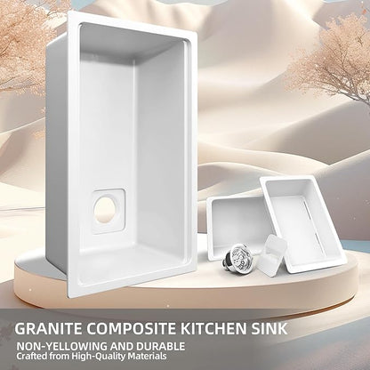 33 in. White Undermount Workstation Kitchen Sink Granite Composite Drop-in Sink Deep Modern Farmhouse Sink Single Bowl 33x19 with Accessory Kit