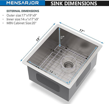 MENSARJOR Undermount Kitchen Sink, 304 Stainless Steel Round Corner Single Bowl Deep Kitchen Sinks, 10-inch Deep Large Bar Sink, 17"X19"Inch
