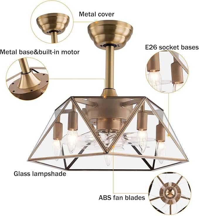 OUKANING Caged Fandelier Ceiling Fan with Light, Golden Ceiling Fans with Remote Control & Noiseless 35db - Farmhouse Rustic Bladeless Ceiling Fans Chandelier Retro Lighting Fixture (Pentagram)
