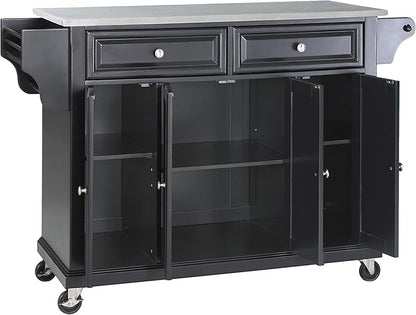 Crosley Furniture Full Size Stainless Steel Rolling Kitchen Island Storage Cart, Microwave Stand, Spice Rack, Black