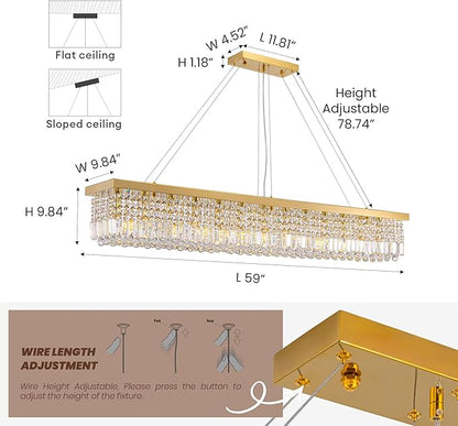 59-inch Modern Crystal Chandelier,13-Light K9 Crystal Rectangle Chandelier for Dining Room,Kitchen Island Adjustable Hanging Pendant Light Fixture,Gold Brass