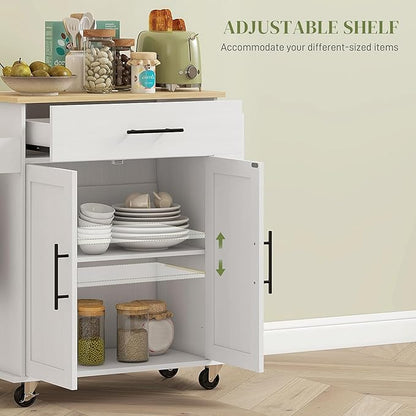 GOWE Kitchen Island with Storage, Rolling Kitchen Cart with AC Outlets and USB Ports, Microwave Stand with Towel and Spice Rack, White
